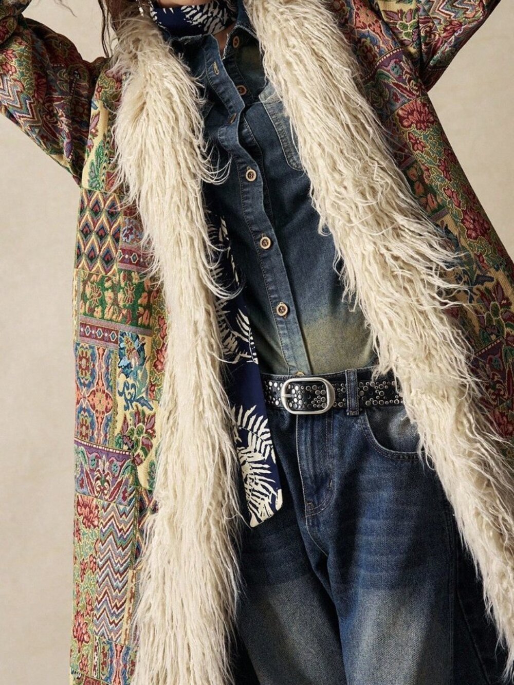 Multicolor Casual Women's Jacquard Faux Fur Coat - Picture 6 of 8